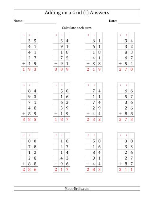 The Adding Five 2-Digit Numbers on a Grid (I) Math Worksheet Page 2