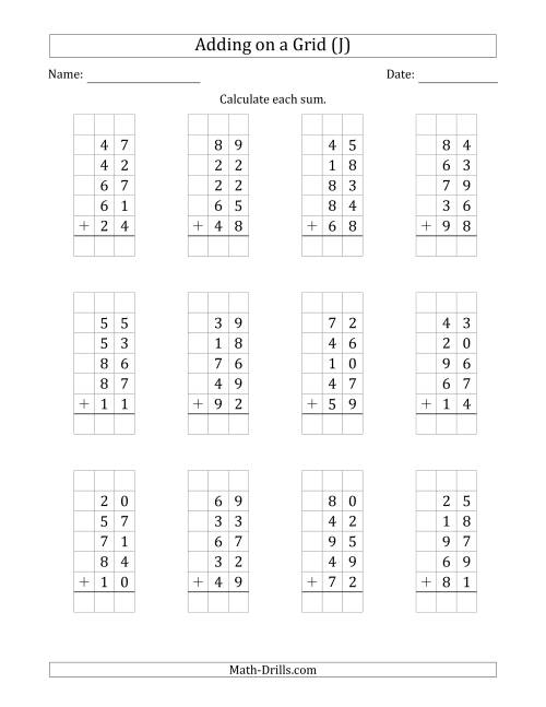The Adding Five 2-Digit Numbers on a Grid (J) Math Worksheet