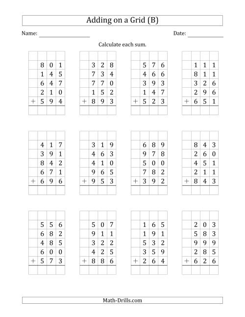 The Adding Five 3-Digit Numbers on a Grid (B) Math Worksheet