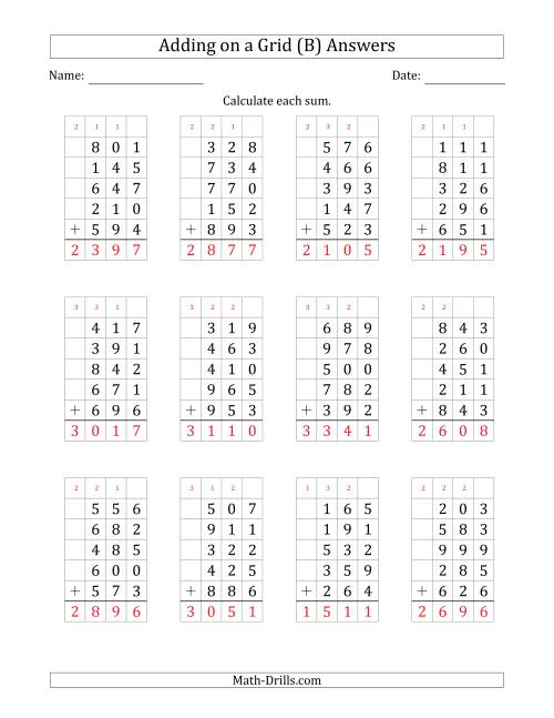 The Adding Five 3-Digit Numbers on a Grid (B) Math Worksheet Page 2