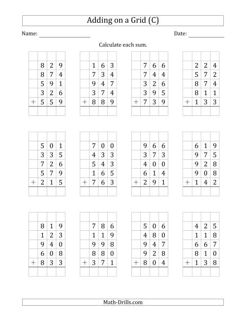 The Adding Five 3-Digit Numbers on a Grid (C) Math Worksheet