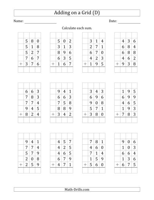 The Adding Five 3-Digit Numbers on a Grid (D) Math Worksheet