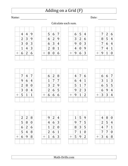 The Adding Five 3-Digit Numbers on a Grid (F) Math Worksheet