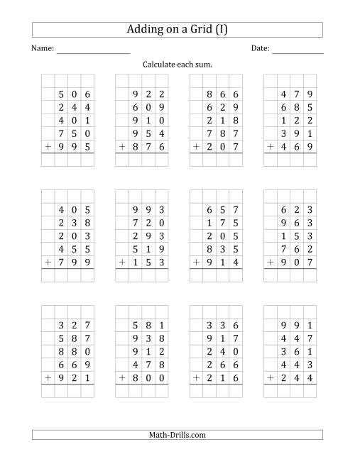 The Adding Five 3-Digit Numbers on a Grid (I) Math Worksheet