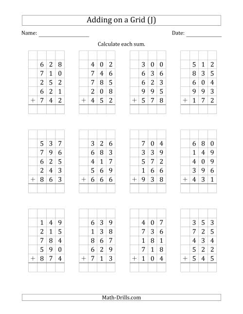 The Adding Five 3-Digit Numbers on a Grid (J) Math Worksheet