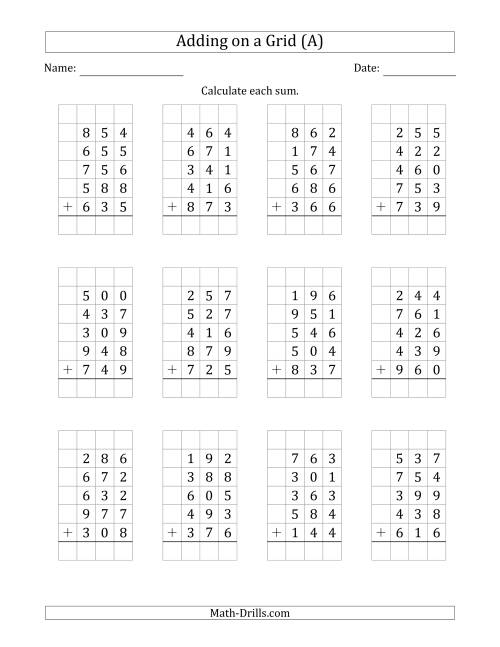 The Adding Five 3-Digit Numbers on a Grid (All) Math Worksheet