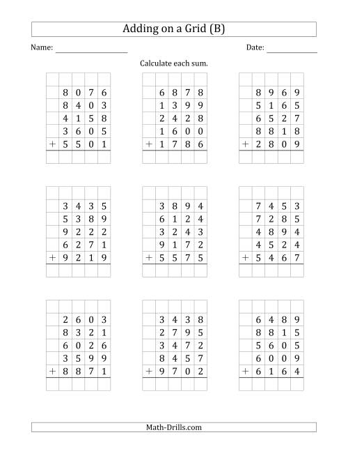 The Adding Five 4-Digit Numbers on a Grid (B) Math Worksheet