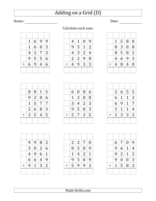 The Adding Five 4-Digit Numbers on a Grid (D) Math Worksheet