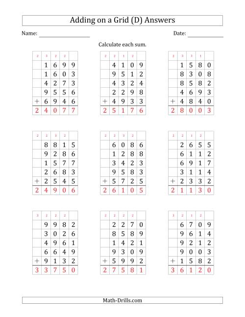 The Adding Five 4-Digit Numbers on a Grid (D) Math Worksheet Page 2
