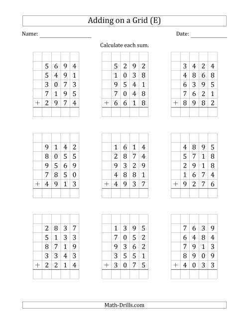 The Adding Five 4-Digit Numbers on a Grid (E) Math Worksheet