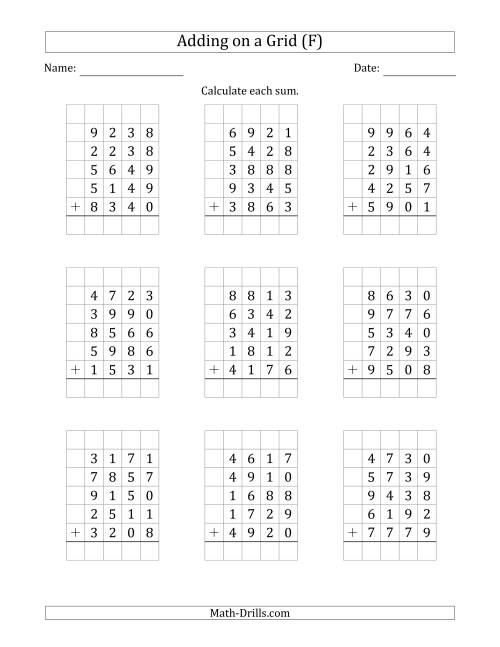 The Adding Five 4-Digit Numbers on a Grid (F) Math Worksheet