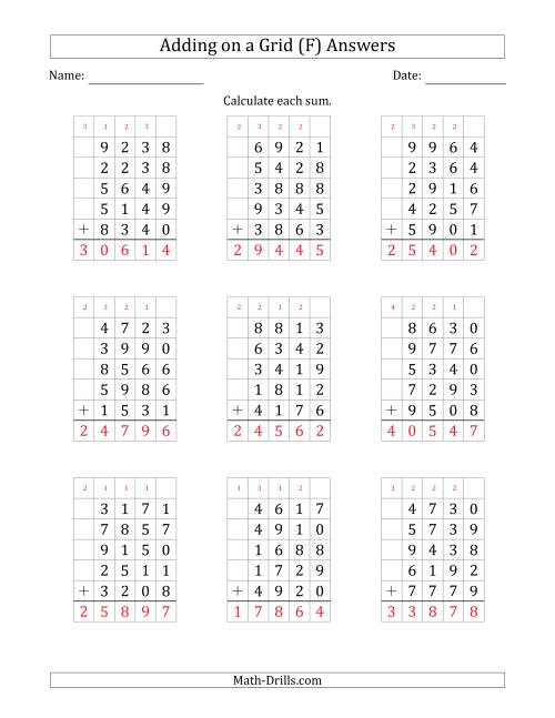 The Adding Five 4-Digit Numbers on a Grid (F) Math Worksheet Page 2