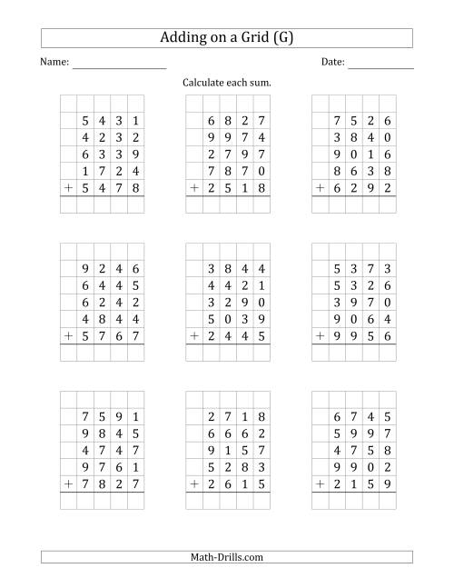 The Adding Five 4-Digit Numbers on a Grid (G) Math Worksheet
