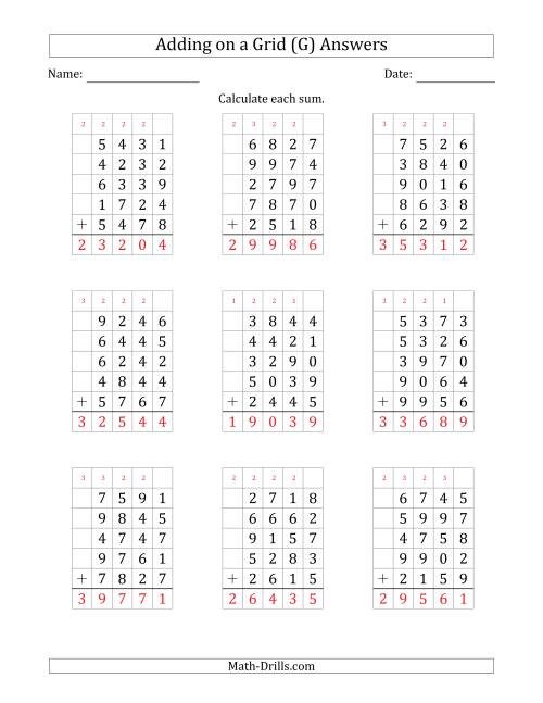 The Adding Five 4-Digit Numbers on a Grid (G) Math Worksheet Page 2