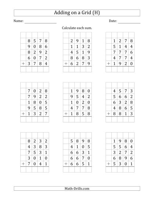 The Adding Five 4-Digit Numbers on a Grid (H) Math Worksheet
