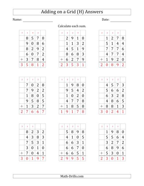 The Adding Five 4-Digit Numbers on a Grid (H) Math Worksheet Page 2