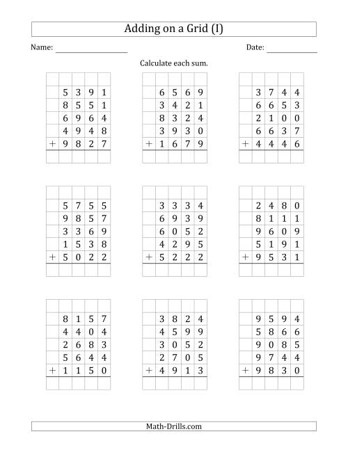 The Adding Five 4-Digit Numbers on a Grid (I) Math Worksheet