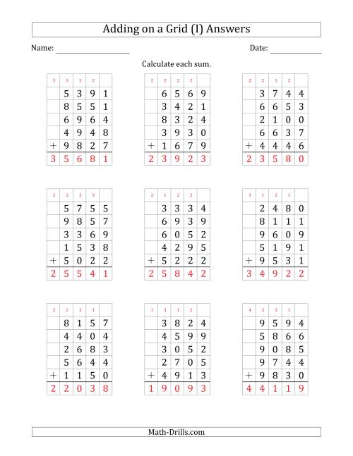 The Adding Five 4-Digit Numbers on a Grid (I) Math Worksheet Page 2