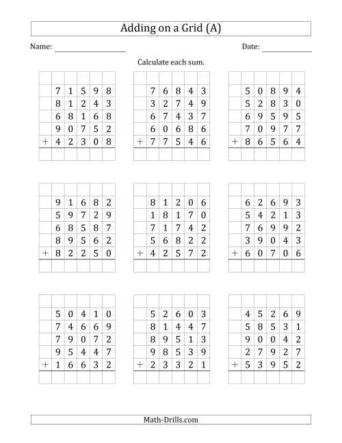 The Adding Five 5-Digit Numbers on a Grid (A) Math Worksheet