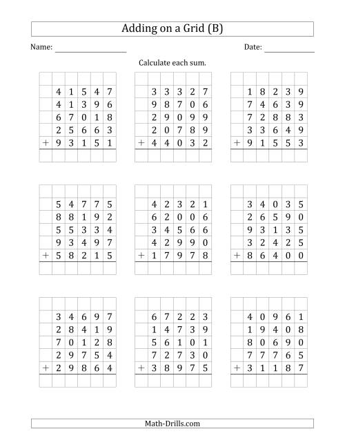 The Adding Five 5-Digit Numbers on a Grid (B) Math Worksheet