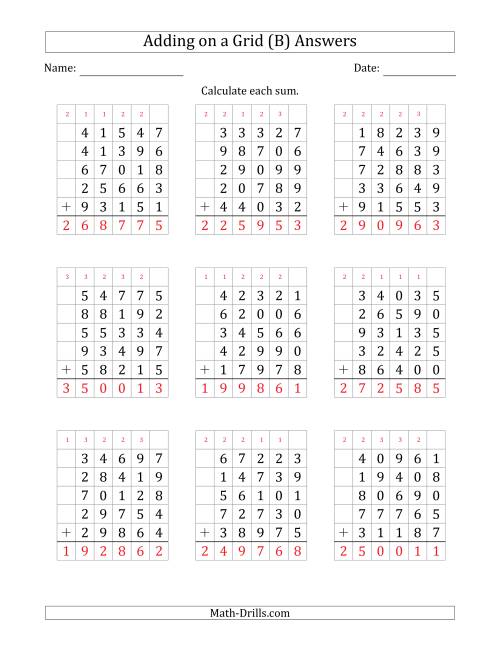 The Adding Five 5-Digit Numbers on a Grid (B) Math Worksheet Page 2