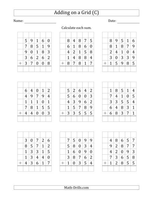 The Adding Five 5-Digit Numbers on a Grid (C) Math Worksheet