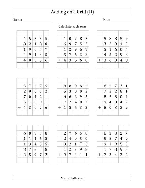 The Adding Five 5-Digit Numbers on a Grid (D) Math Worksheet