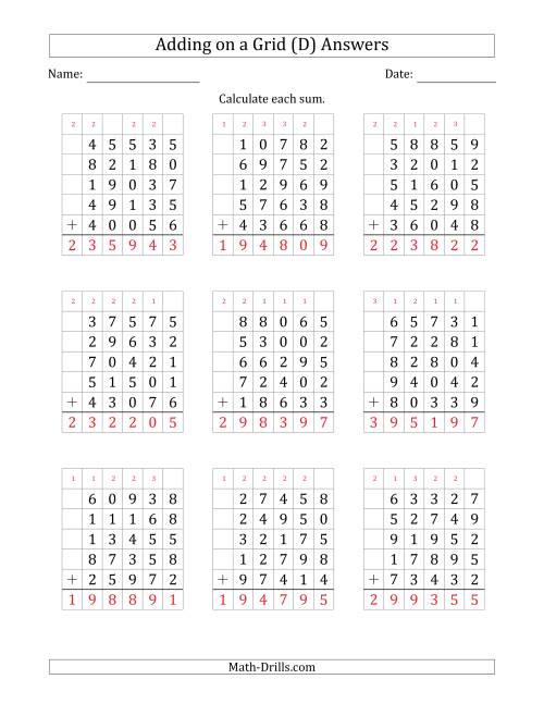 The Adding Five 5-Digit Numbers on a Grid (D) Math Worksheet Page 2