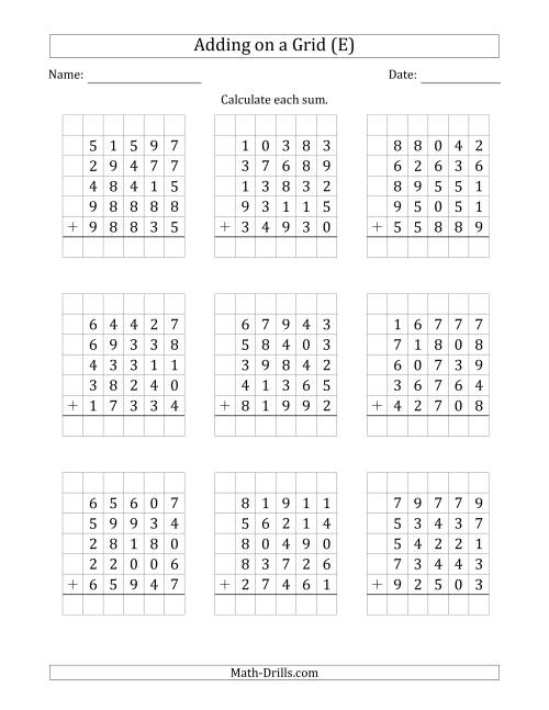 The Adding Five 5-Digit Numbers on a Grid (E) Math Worksheet