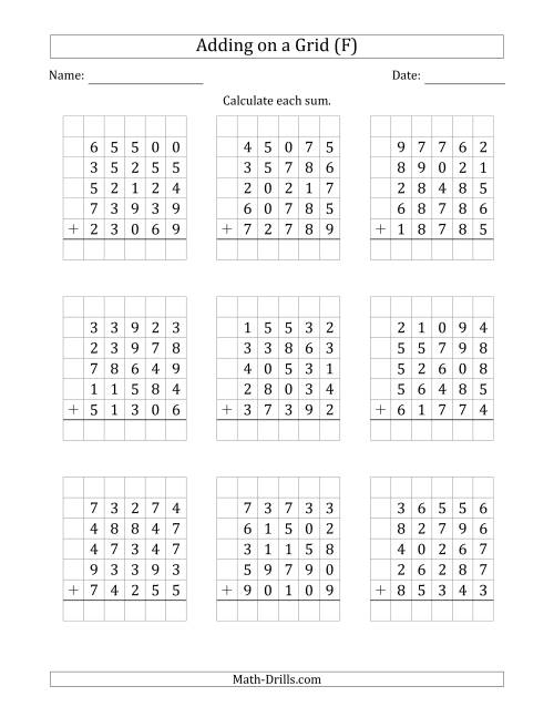 The Adding Five 5-Digit Numbers on a Grid (F) Math Worksheet