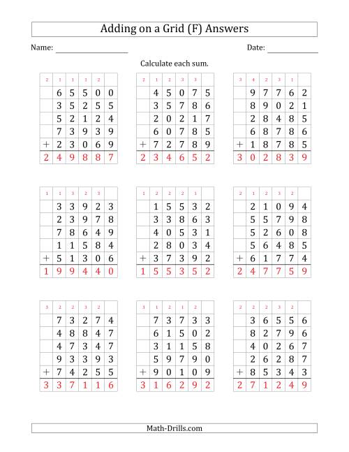 The Adding Five 5-Digit Numbers on a Grid (F) Math Worksheet Page 2