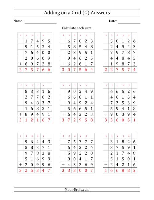 The Adding Five 5-Digit Numbers on a Grid (G) Math Worksheet Page 2