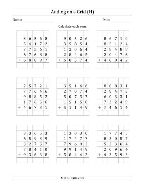 The Adding Five 5-Digit Numbers on a Grid (H) Math Worksheet