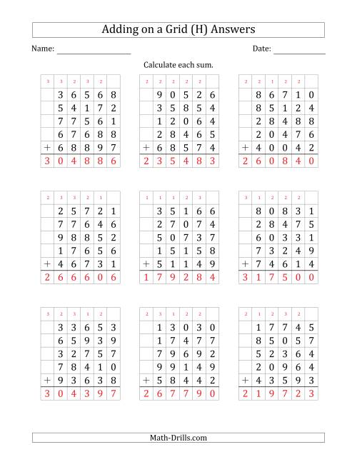 The Adding Five 5-Digit Numbers on a Grid (H) Math Worksheet Page 2