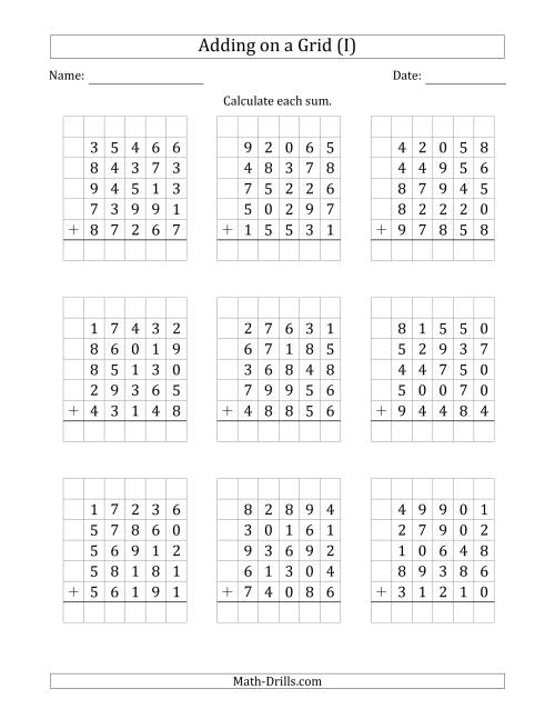 The Adding Five 5-Digit Numbers on a Grid (I) Math Worksheet