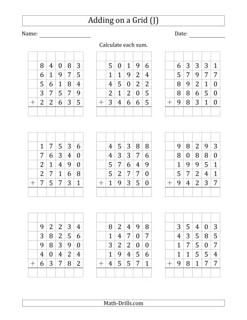 The Adding Five 5-Digit Numbers on a Grid (J) Math Worksheet
