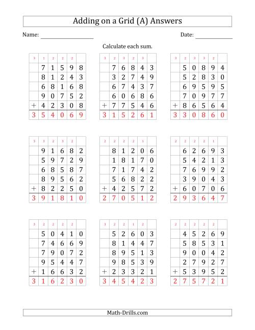 The Adding Five 5-Digit Numbers on a Grid (All) Math Worksheet Page 2