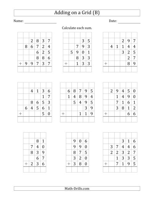 The Adding Five Various-Digit Numbers on a Grid (B) Math Worksheet