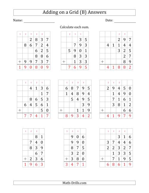 The Adding Five Various-Digit Numbers on a Grid (B) Math Worksheet Page 2