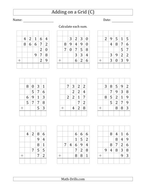 The Adding Five Various-Digit Numbers on a Grid (C) Math Worksheet