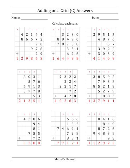 The Adding Five Various-Digit Numbers on a Grid (C) Math Worksheet Page 2
