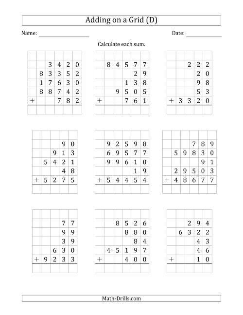 The Adding Five Various-Digit Numbers on a Grid (D) Math Worksheet