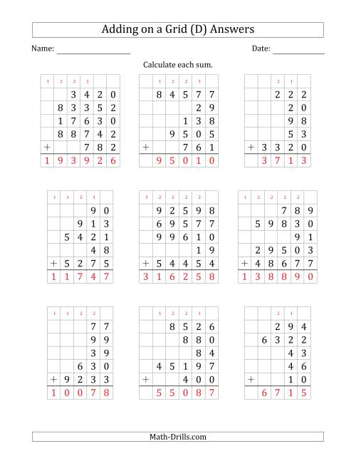 The Adding Five Various-Digit Numbers on a Grid (D) Math Worksheet Page 2