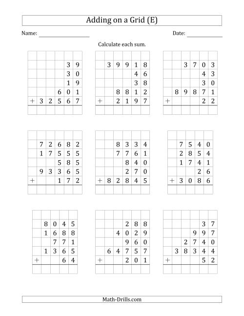 The Adding Five Various-Digit Numbers on a Grid (E) Math Worksheet