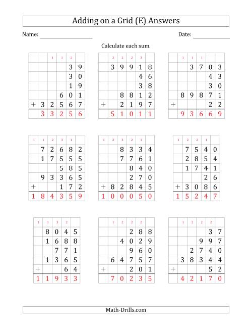 The Adding Five Various-Digit Numbers on a Grid (E) Math Worksheet Page 2