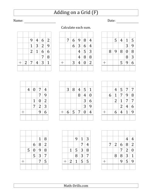 The Adding Five Various-Digit Numbers on a Grid (F) Math Worksheet