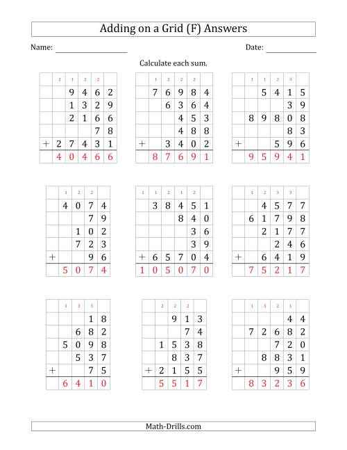 The Adding Five Various-Digit Numbers on a Grid (F) Math Worksheet Page 2