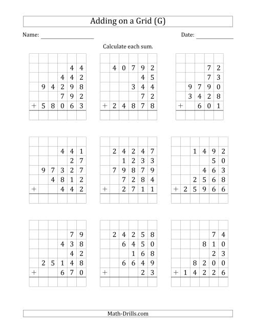 The Adding Five Various-Digit Numbers on a Grid (G) Math Worksheet