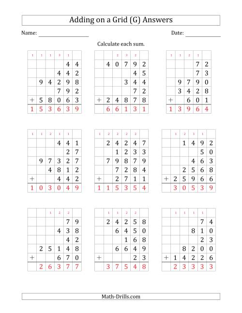 The Adding Five Various-Digit Numbers on a Grid (G) Math Worksheet Page 2