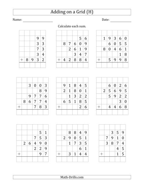 The Adding Five Various-Digit Numbers on a Grid (H) Math Worksheet